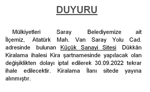 KÜÇÜK SANAYİ SİTESİ 3 DÜKKAN KİRALAMA İHALESİ İPTAL DUYURUSU